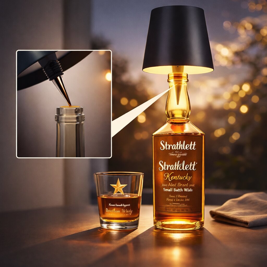 Schwarze Flaschenlampe auf einer Whiskyflasche, mit Detailausschnitt des kegelförmigen Stopfens im Flaschenhals 4