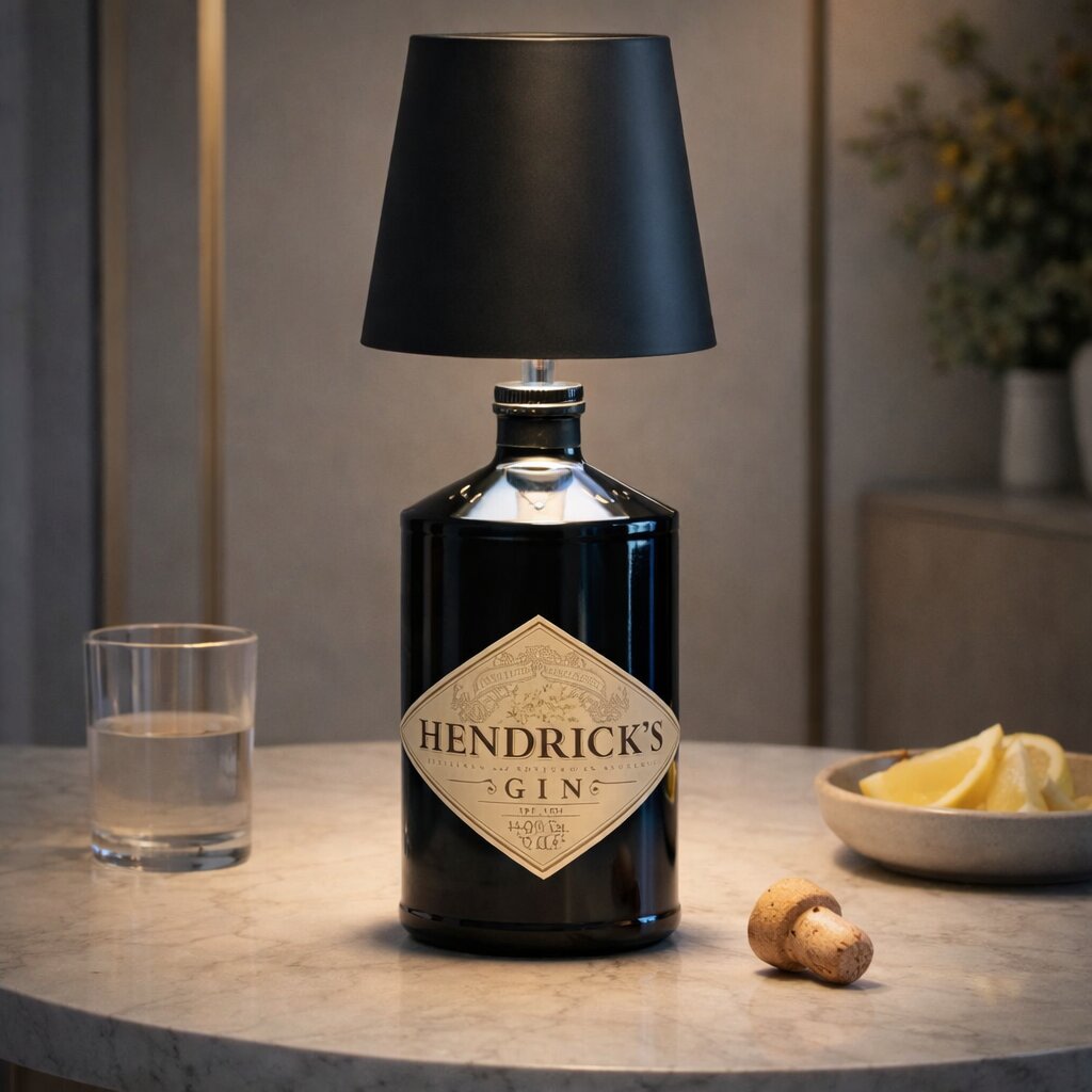 Schwarze Flaschenlampe auf dunkler Ginflasche, daneben Wasserglas, Zitronenscheiben und Korken auf Marmortisch 9