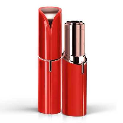 Gesichtshaarentferner in glänzendem Rot, links mit Kappe, rechts offen mit roségoldenem Scherkopf.