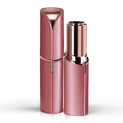 Gesichtshaarentferner in schimmerndem Altrosa, links geschlossen, rechts ohne Kappe mit roségoldenem Scherkopf.