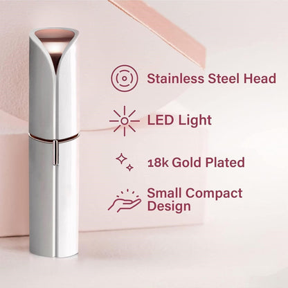 Weißer Haarentferner mit Kappe vor rosa Hintergrund, daneben Symbole für Edelstahlkopf, LED-Licht, Goldbeschichtung und kompaktes Design.
