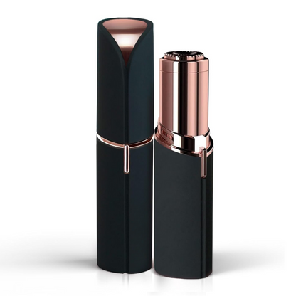 Gesichtshaarentferner in mattem Schwarz mit roségoldenen Akzenten, links geschlossen, rechts ohne Kappe.