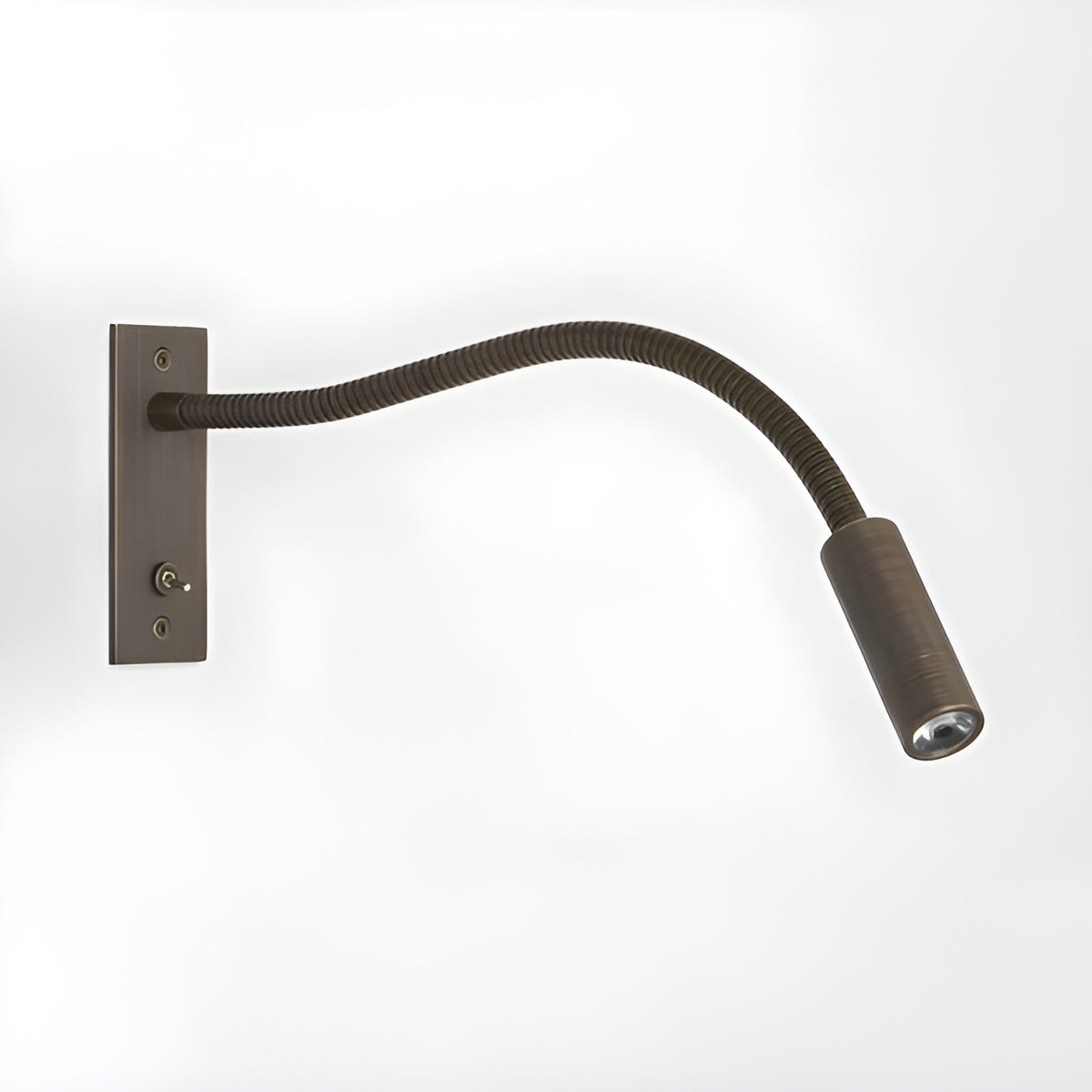 Wandlampe in dunkler Bronzeoptik mit gebogenem Flexarm und Montageplatte