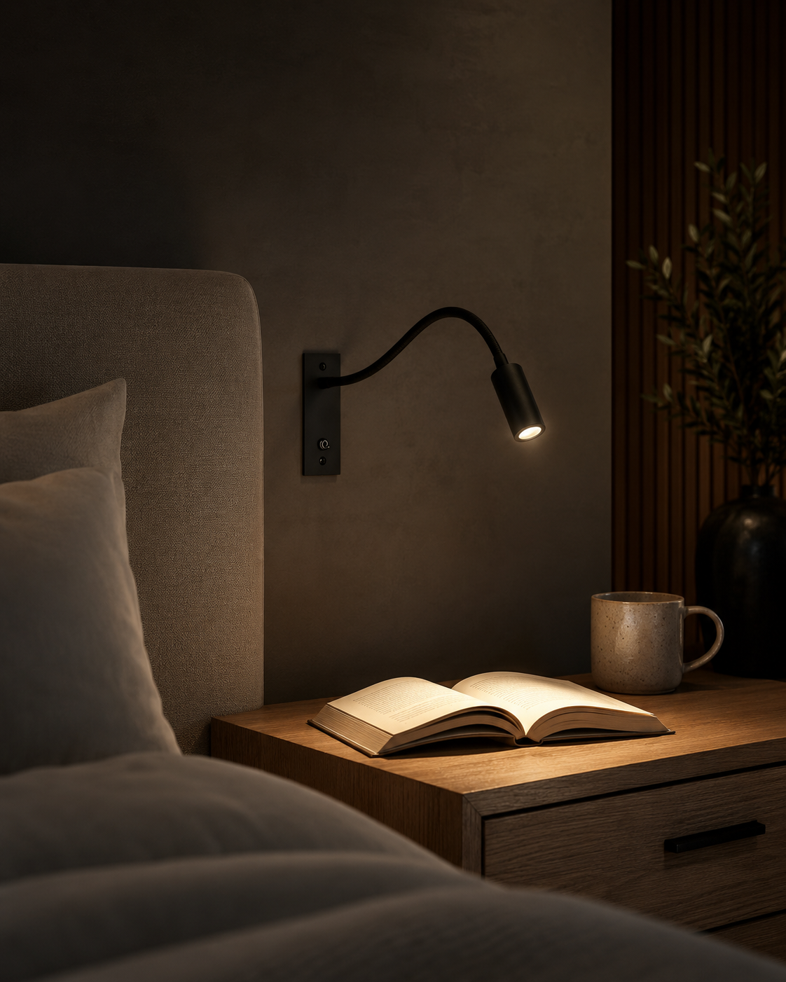 Schwarze Wandlampe beleuchtet ein aufgeschlagenes Buch auf dem Holznachttisch