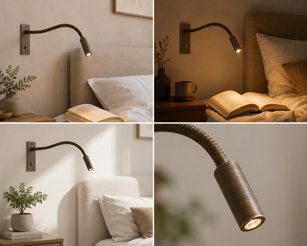 Collage der Wandlampe in Bronzeoptik in mehreren Ansichten im Schlafzimmer