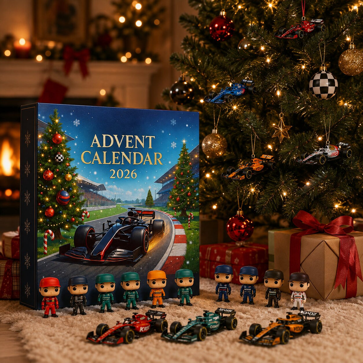 Rennwagen Adventskalender-Box vor geschmücktem Tannenbaum und Kamin mit Fahrerfiguren und Rennwagen-Modellen