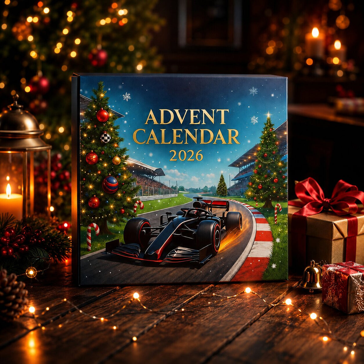 Rennwagen Adventskalender-Box auf dunklem Holztisch mit Lichterkette, Laterne, Tannenzweigen, Geschenken und Glocke