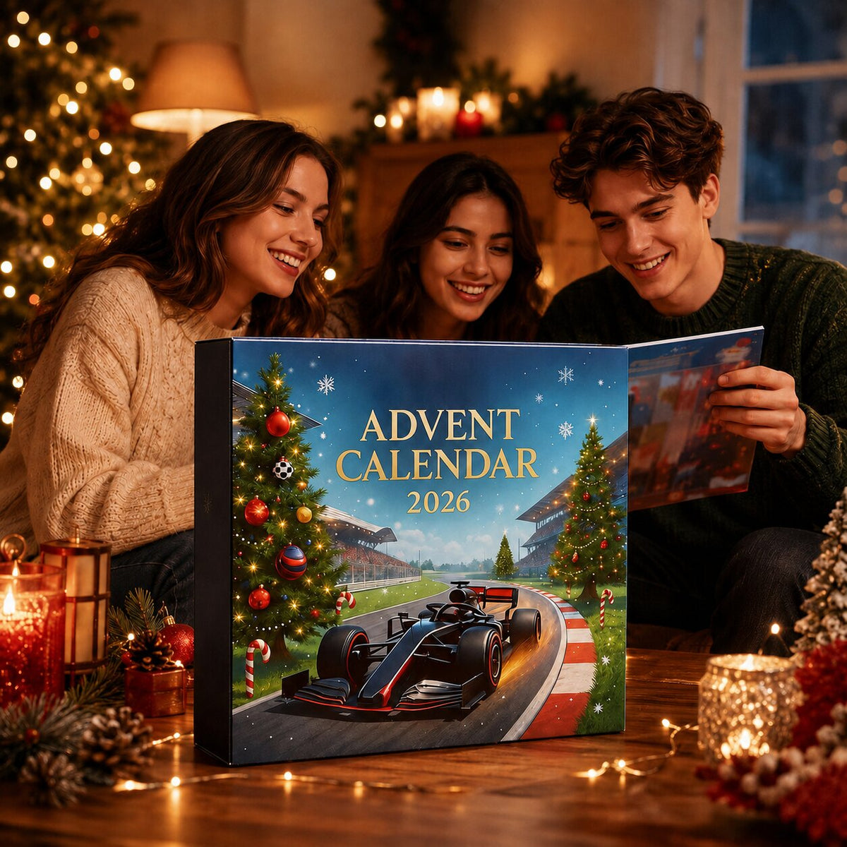 Drei junge Leute in Strickpullovern betrachten gemeinsam die Rennwagen Adventskalender-Box und ein Faltblatt