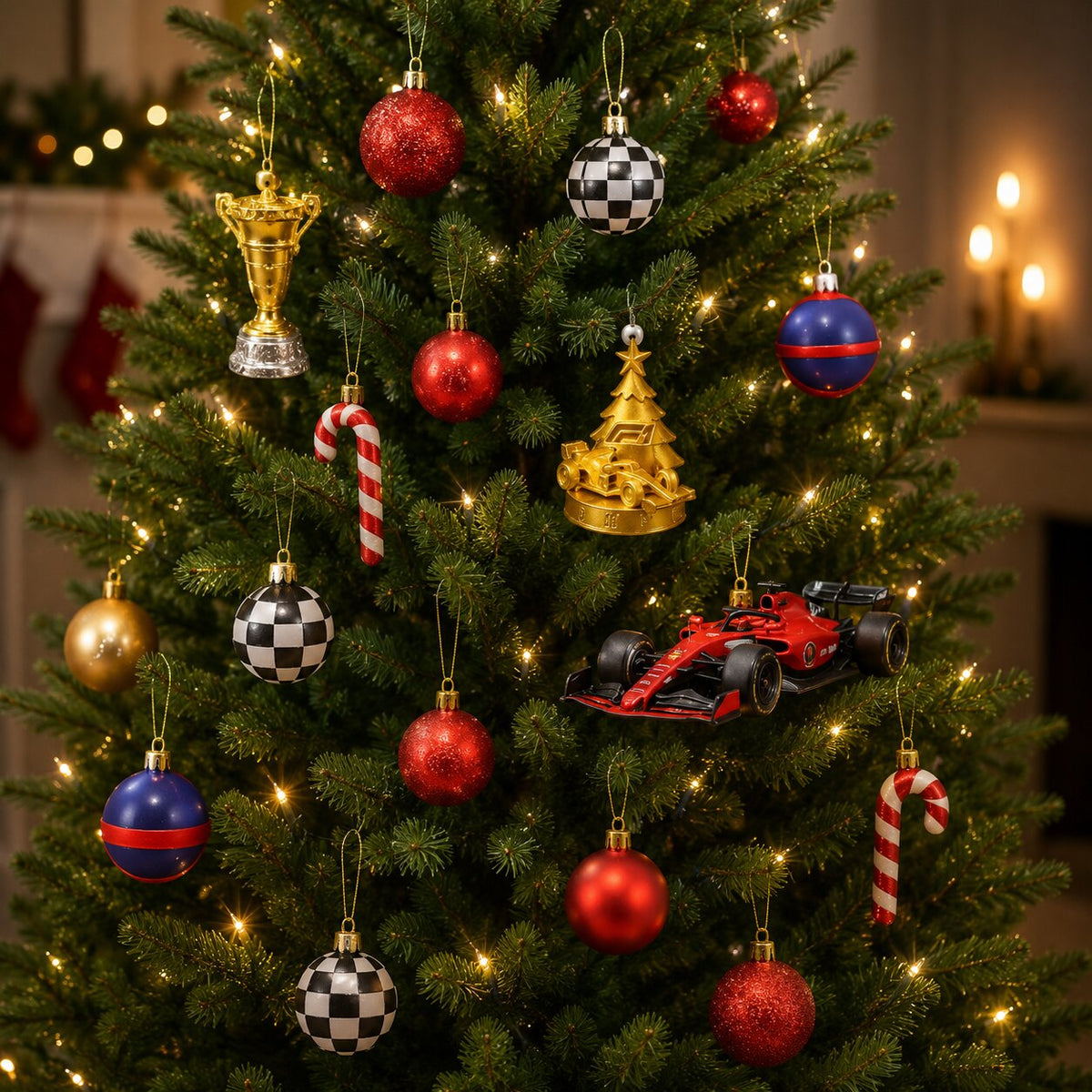 Weihnachtsbaum mit Motorsport-Schmuck in Rot, Gold und Silber mit Rennwagen und Zielflaggen
