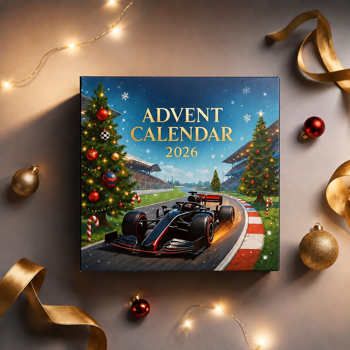 Rennwagen Adventskalender-Box von oben auf hellem Untergrund mit goldenen Bändern, Weihnachtskugeln und Lichterkette