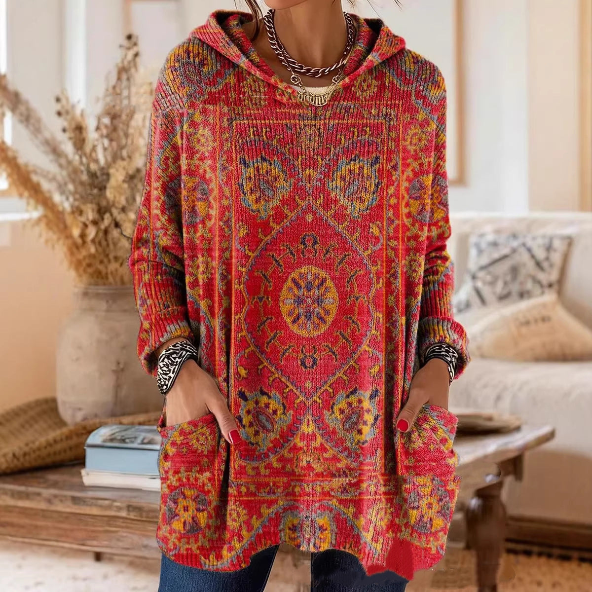 Bohemian-Druck Kapuzen-Tunika-Oberteil in Rot mit orientalischem Muster und Taschen