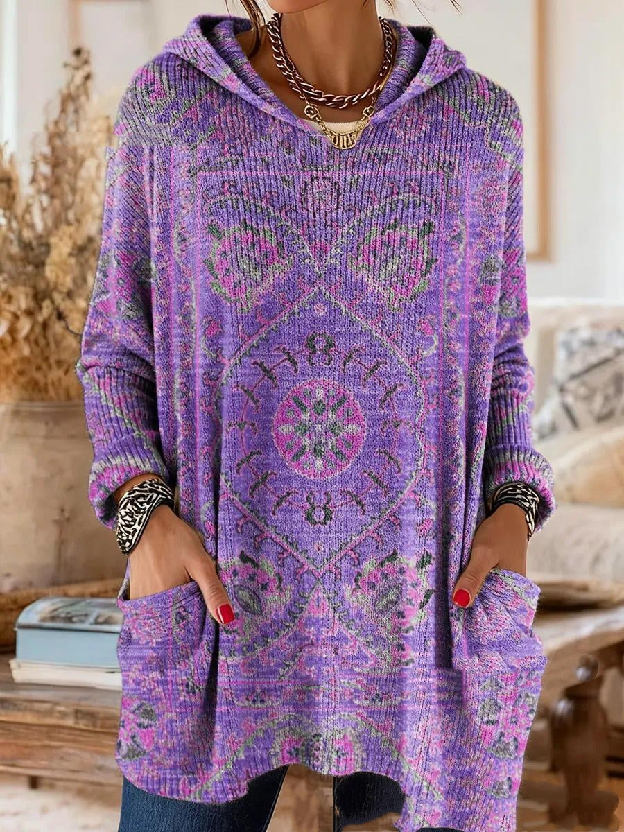 Bohemian-Druck Kapuzen-Tunika-Oberteil in Lila mit Ornamentmuster und Taschen