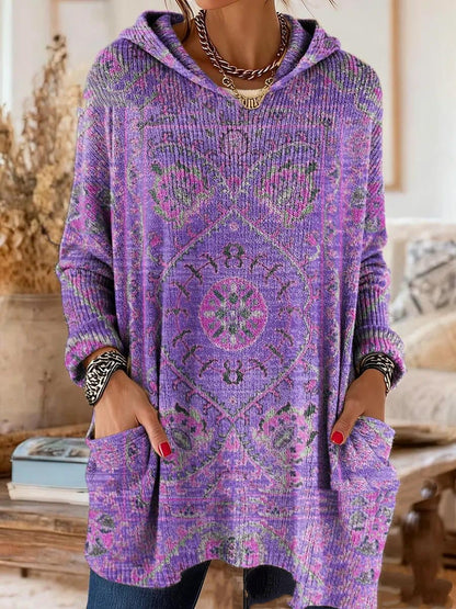 Bohemian-Druck Kapuzen-Tunika-Oberteil in Lila mit Ornamentmuster und Taschen
