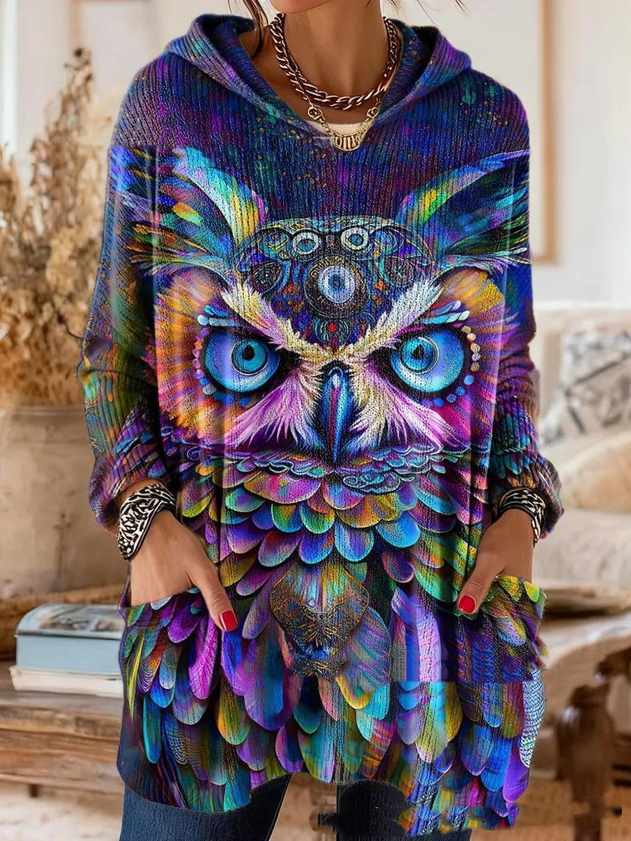 Bohemian-Druck Kapuzen-Tunika-Oberteil mit Eulen-Motiv und Taschen