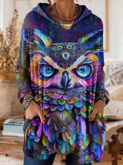 Bohemian-Druck Kapuzen-Tunika-Oberteil mit Eulen-Motiv und Taschen