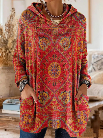 Bohemian-Druck Kapuzen-Tunika-Oberteil in Rot mit Medaillon-Muster, Kapuze und Taschen