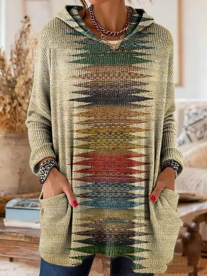 Bohemian-Druck Kapuzen-Tunika-Oberteil in hellem Beige-Grün mit buntem Motiv und Kapuze