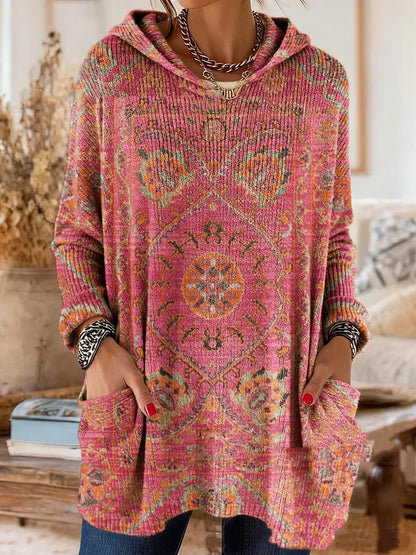 Bohemian-Druck Kapuzen-Tunika-Oberteil in Rosa mit Ornamentmuster, Kapuze und Taschen