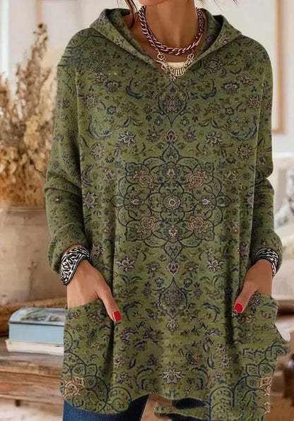 Bohemian-Druck Kapuzen-Tunika-Oberteil in Olivgrün mit Blumen- und Mandala-Muster und Taschen