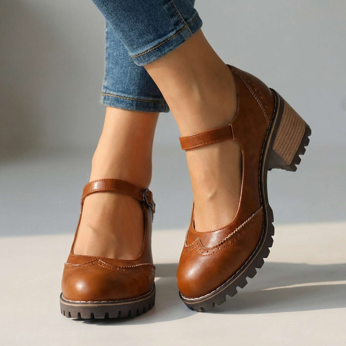 Braune Mary Janes mit verstellbarem Riemen, Lochmuster und profilierter Sohle, zu Jeans getragen, vor neutralem Hintergrund. 2