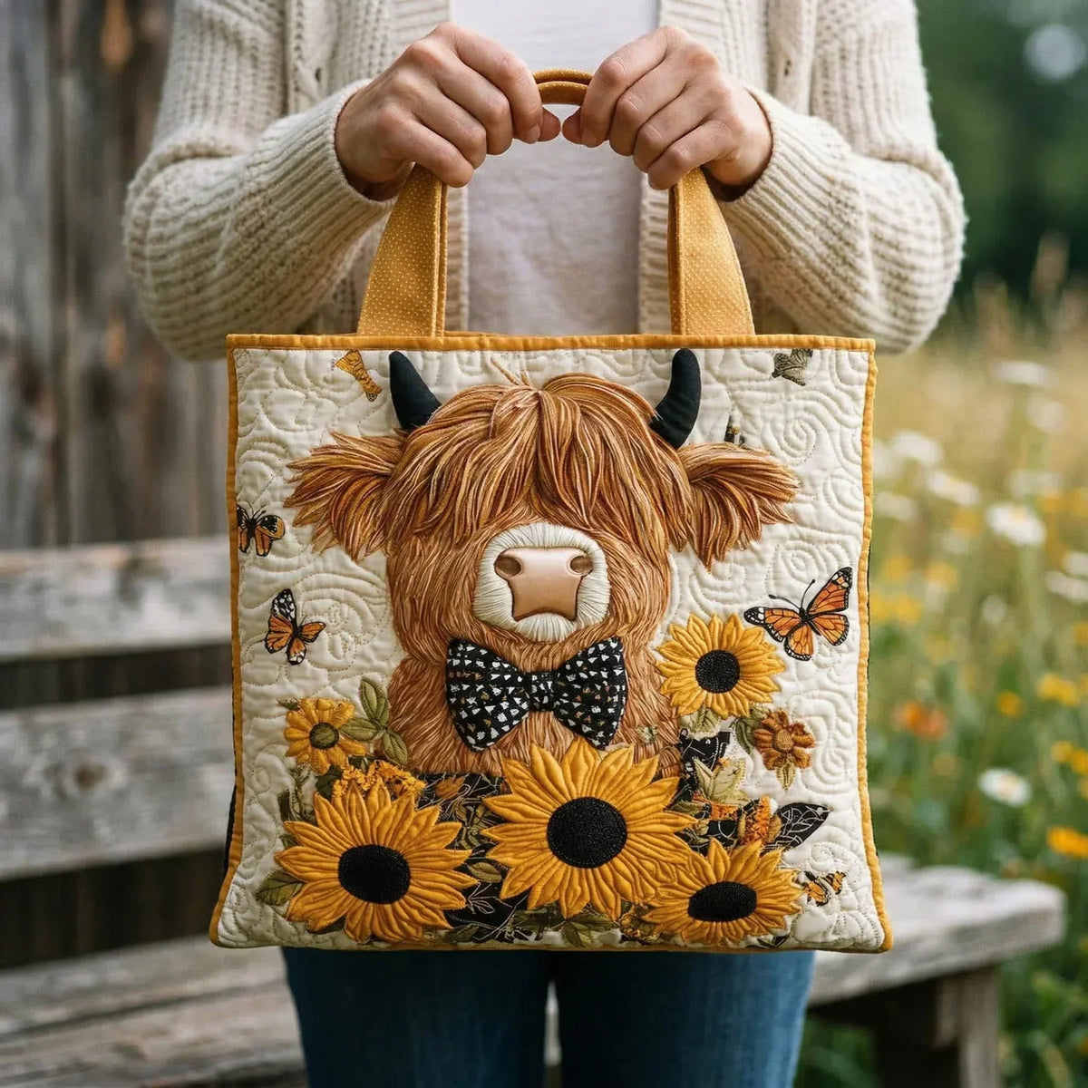 Gesteppte Tragetasche mit Highland-Rind-Motiv an den gelben Henkeln vor einer Blumenwiese, von einer Person gehalten.