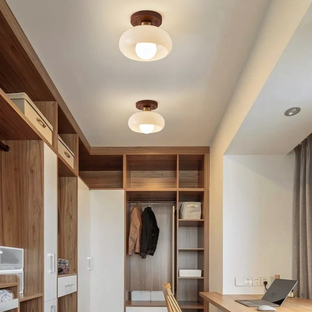 Zwei kleine Deckenleuchten beleuchten einen Ankleidebereich mit Holzregalen, Garderobe und Schreibtisch mit Laptop 4