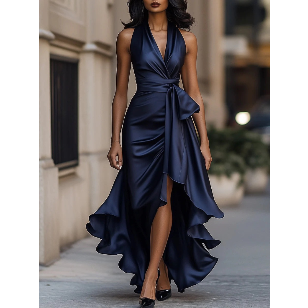 Frontansicht des Kleids in Marineblau aus glänzendem Satin, getragen auf der Straße, mit Schleife an der Taille und hohem Beinschlitz. 1