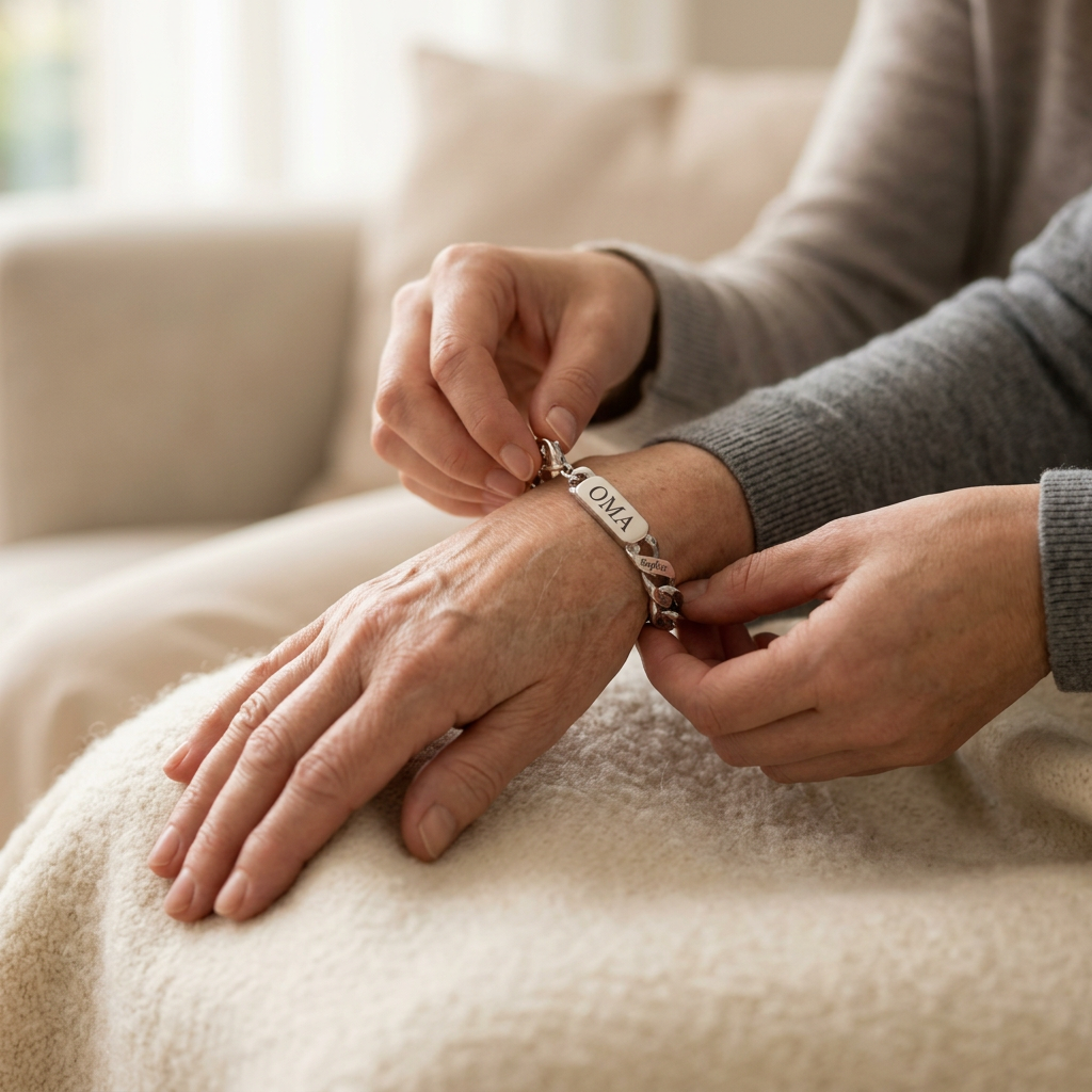 Silberfarbenes Gliederarmband mit gravierter Platte am Handgelenk