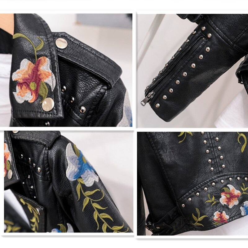 Herbstliche bestickte Damen Kunstlederjacke im Bikerstil – Eleonora