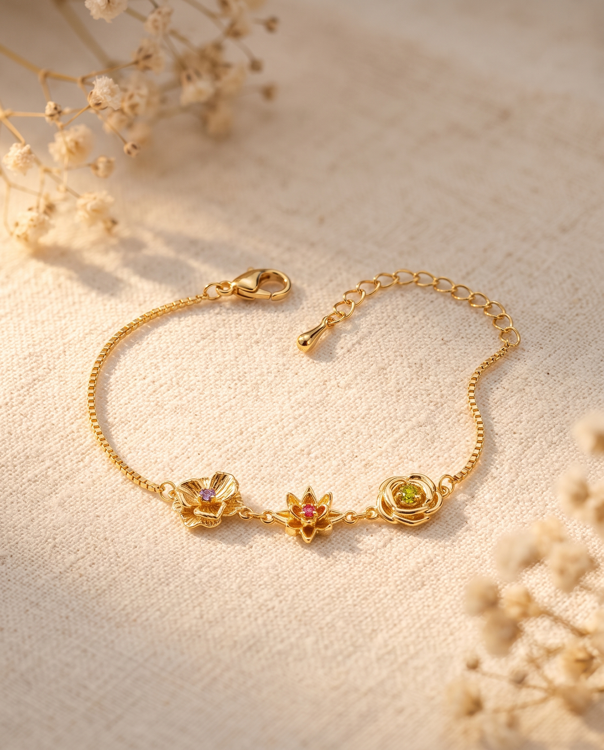 Goldenes Blumenarmband mit Verlängerungskette auf Leinenstoff neben getrockneten Schleierkraut-Zweigen. 12