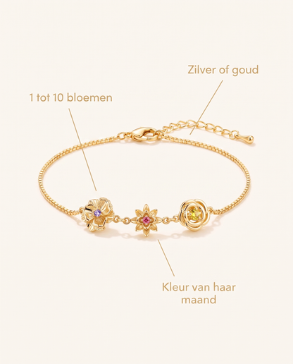 Goldenes Blumenarmband mit Beschriftungen zu Anzahl der Blumen, Metallfarbe und Steinfarbe des Geburtsmonats. 7