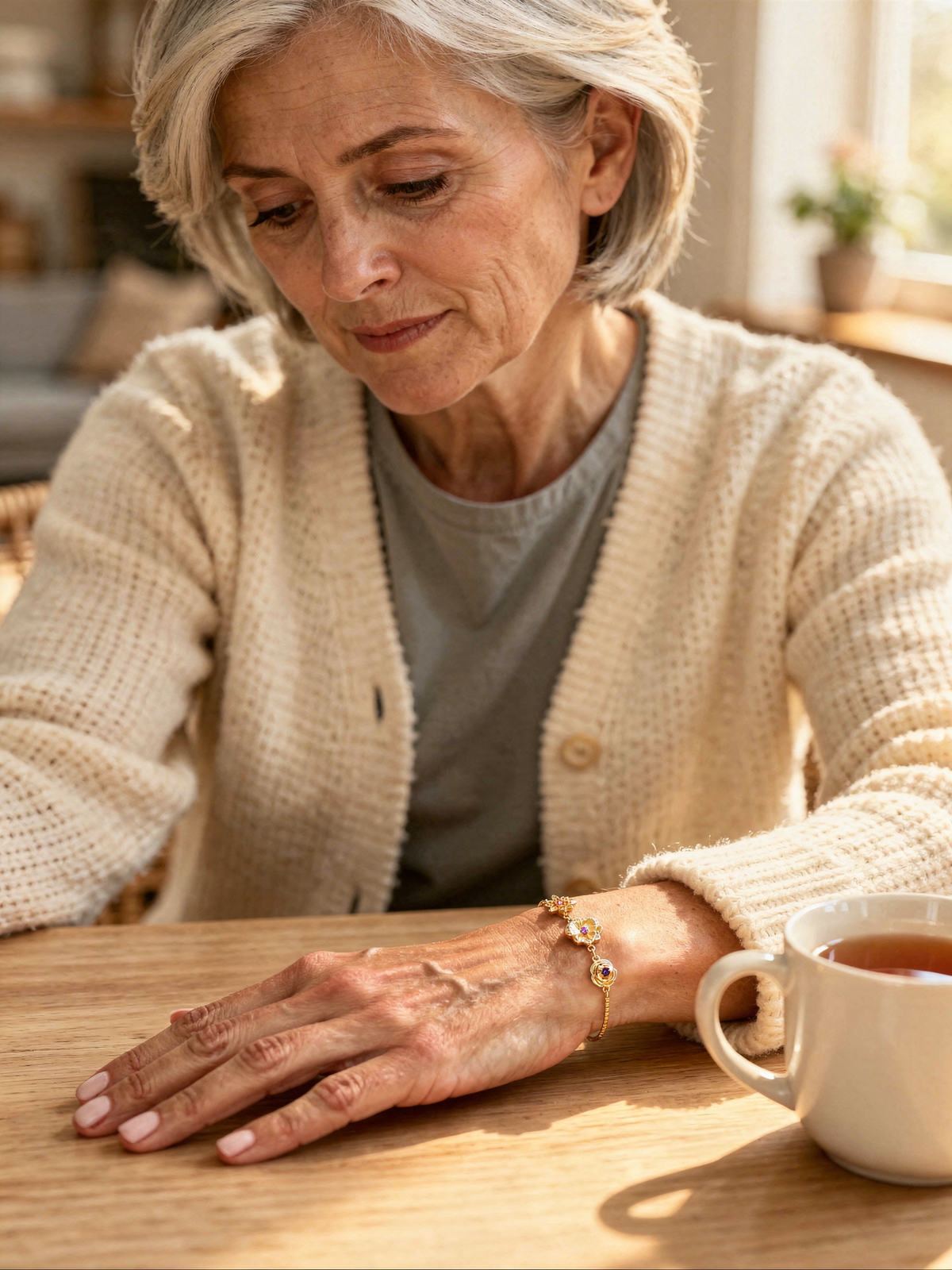 Ältere Frau mit grauem Haar in cremefarbener Strickjacke mit dem goldenen Blumenarmband am Handgelenk am Holztisch. 8