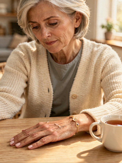 Ältere Frau mit grauem Haar in cremefarbener Strickjacke mit dem goldenen Blumenarmband am Handgelenk am Holztisch. 8