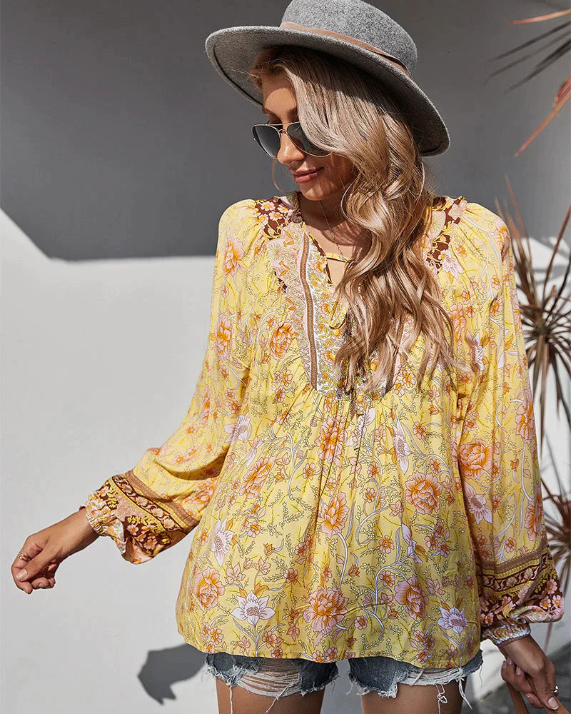 Vintage Boho Herbstbluse mit Blumenprint und langen Ärmeln – Sana