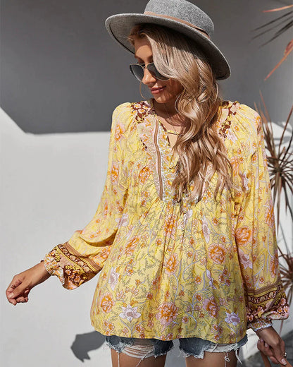 Vintage Boho Herbstbluse mit Blumenprint und langen Ärmeln – Sana