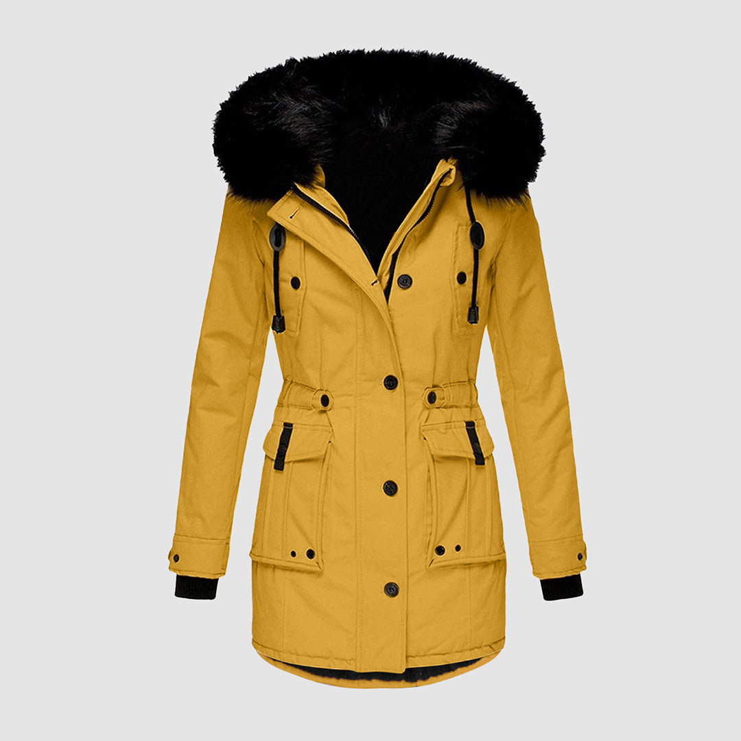 Gelbe Winterjacke mit Kapuze, Damenmantel, warm, modisch, Outdoor-Bekleidung, schwarz gefüttert.