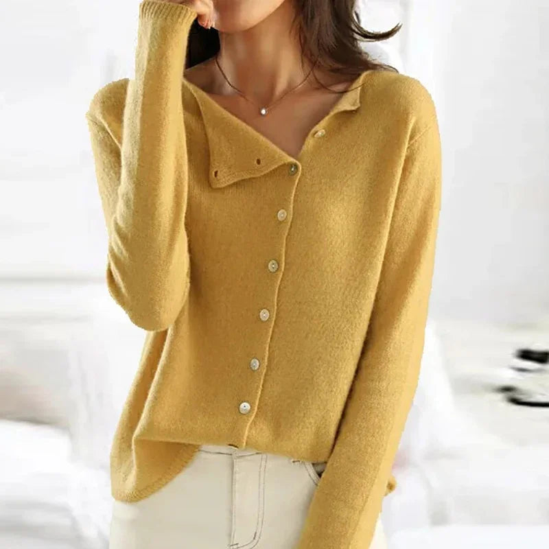 Gelber Damenpullover aus Kaschmir, V-Ausschnitt, Knopfleiste, modisch, bequem, Herbstmode.