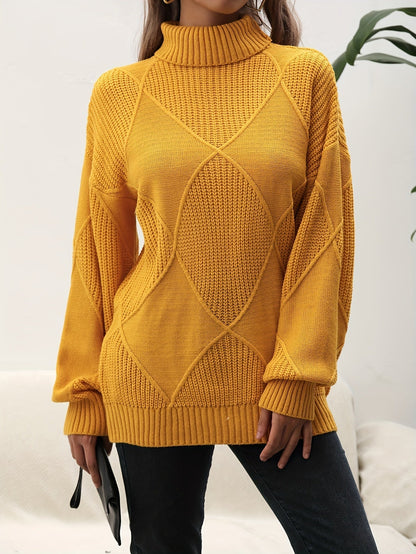 Gelber Rollkragenpullover Damen, Strickmuster, Herbstmode, lässig, warm, bequem, elegant.
