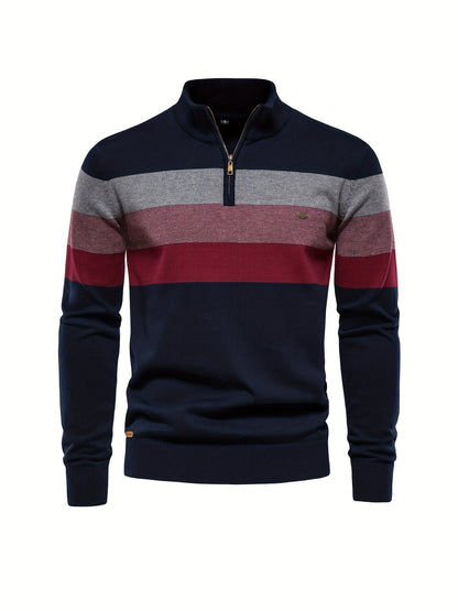 Dunkelblauer Herrenpullover mit Reißverschluss, gestreift, Baumwolle, modisch, warm, bequem.