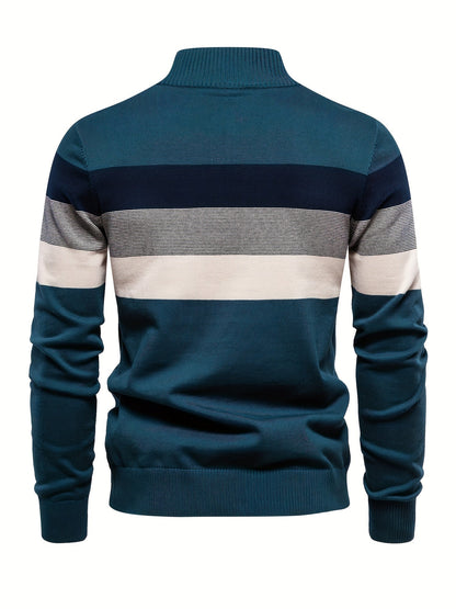 Herrenpullover gestreift, blau-grau, Baumwolle, modisch, langärmelig, Herbstmode.