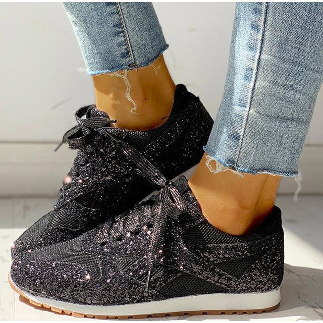 Damen Glitzer-Sneaker, schwarz, Mesh, Schnürung, Plattform, bequem, modisch, Freizeit.