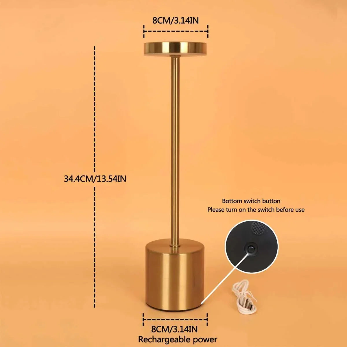 Goldene LED-Tischlampe, wiederaufladbar, modernes Design, 34,4 cm hoch, für Innenräume.