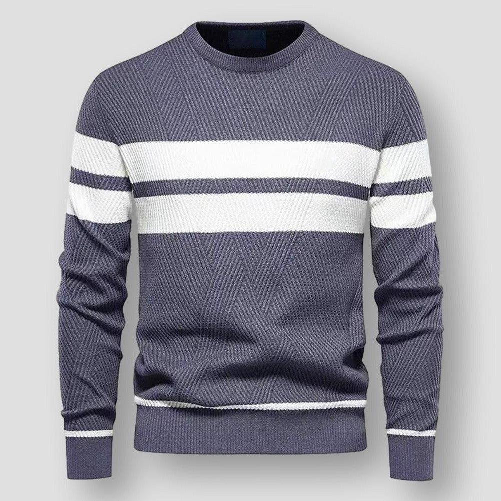 Grauer gestreifter Pullover, Herrenmode, Baumwolle, gemütlich, blau-weiß, Strickmuster.