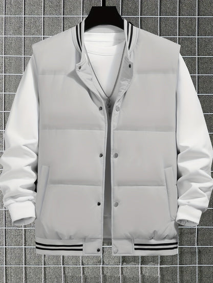 Graue Herren-Bomberjacke, gesteppt, mit schwarzen Streifen, modisch, warm, Winterbekleidung.