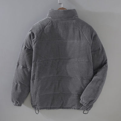 Graue Cordjacke, wattiert, mit Stehkragen, für Herren, Wintermode, Rückansicht.
