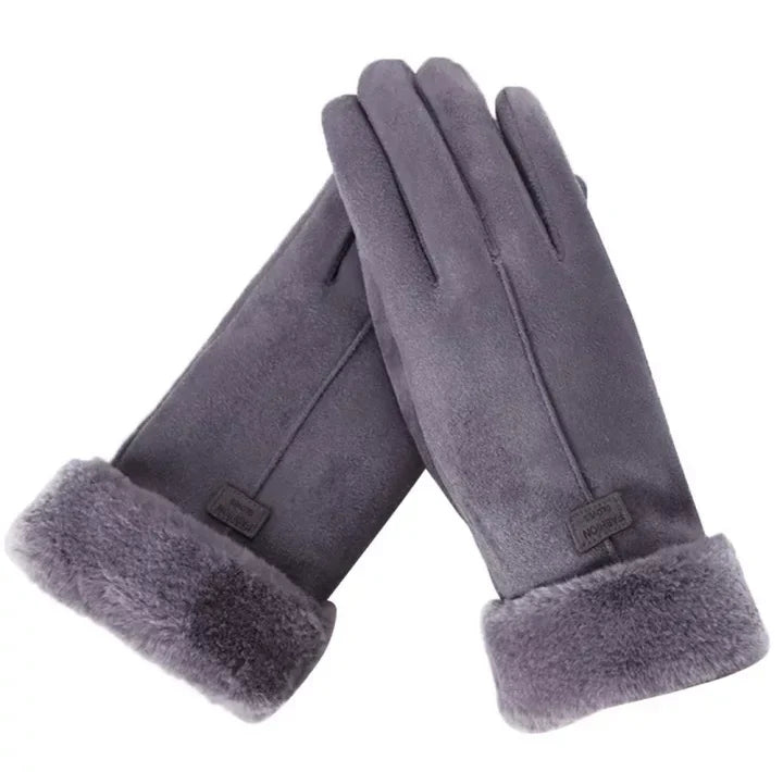Graue Damenhandschuhe aus Wildleder mit Fellfutter, warm und stilvoll für den Winter.
