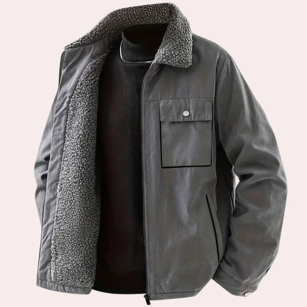 Graue Herrenjacke mit Fleece-Futter, Reißverschluss, Brusttasche, Wintermode, warm.