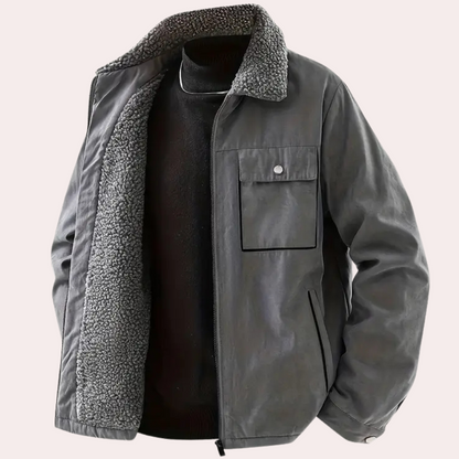 Graue Herrenjacke mit Fleece-Futter, Reißverschluss, Brusttasche, Wintermode, warm.