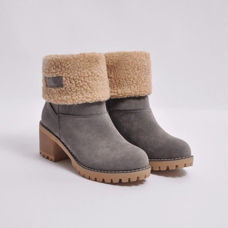Graue Damen-Winterstiefel mit Absatz, Kunstfellfutter, rutschfeste Sohle, modisch, warm.