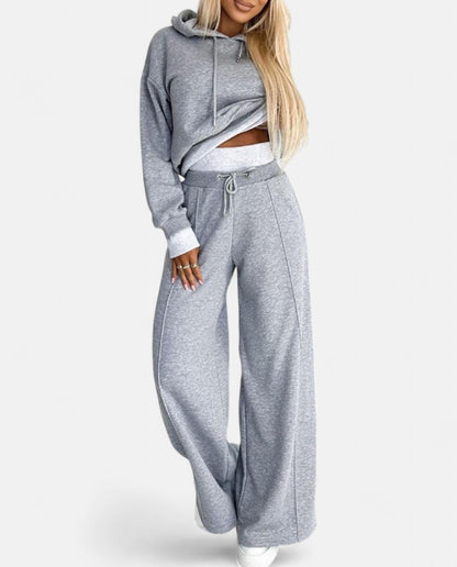 Graues Damen-Sweatshirt und Jogginghose Set, bequem, lässig, Kapuze, Freizeitmode.
